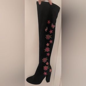 Thigh high black with pink embroidered floral high heel boots